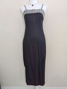90s Maxi  Dress with White Embroidered Bodice And Spaghetti Straps